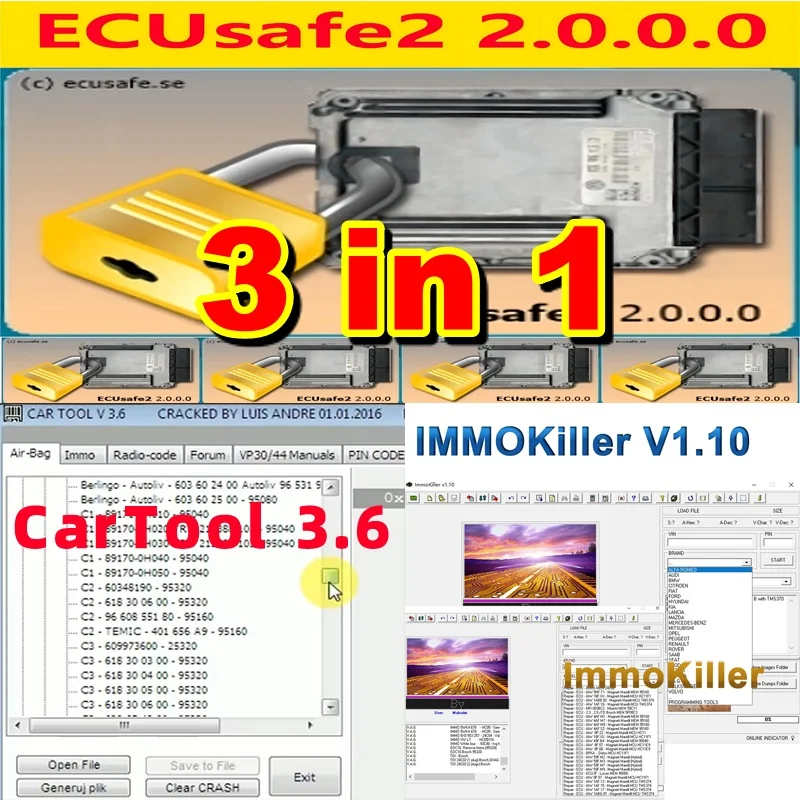 ECUSafe 2.0  + ImmoKiller v1.1  + CarTool  3.6 Software ECU Programmer Tool for Car Repairing Passing Virigining the Immobilizer