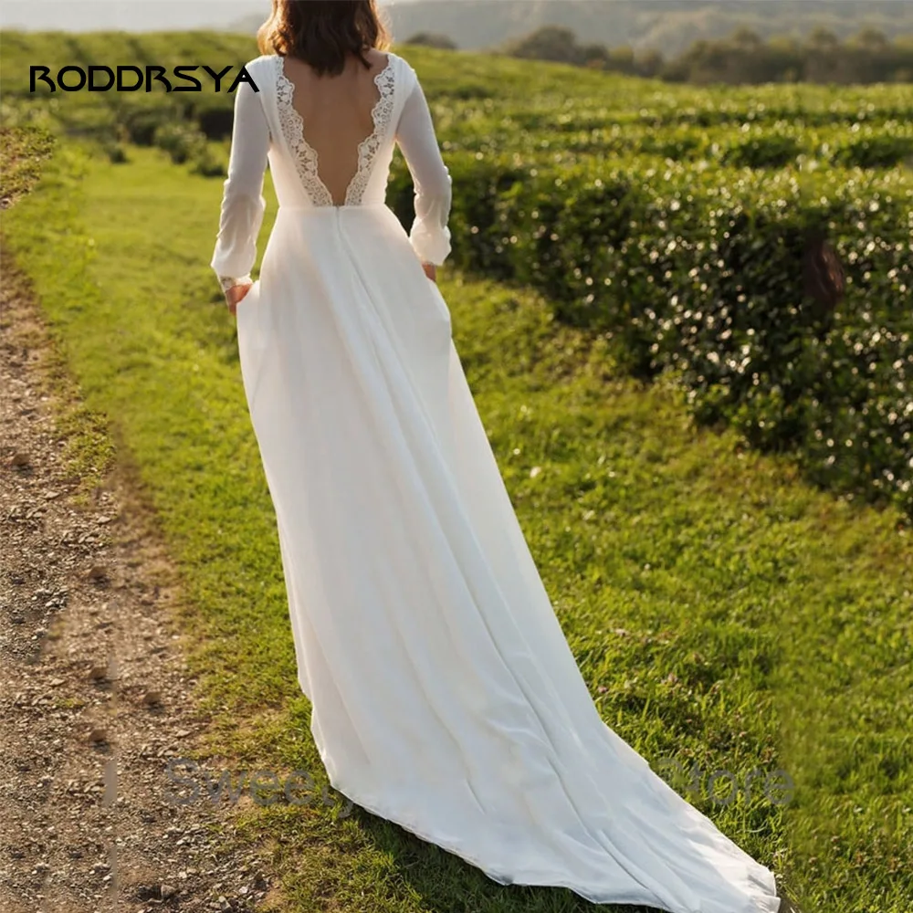 Roddresy boho vestido de casamento para a noiva elegante mangas compridas rendas chiffon praia vestidos de noiva scoop neck varredura trem robe de mariée