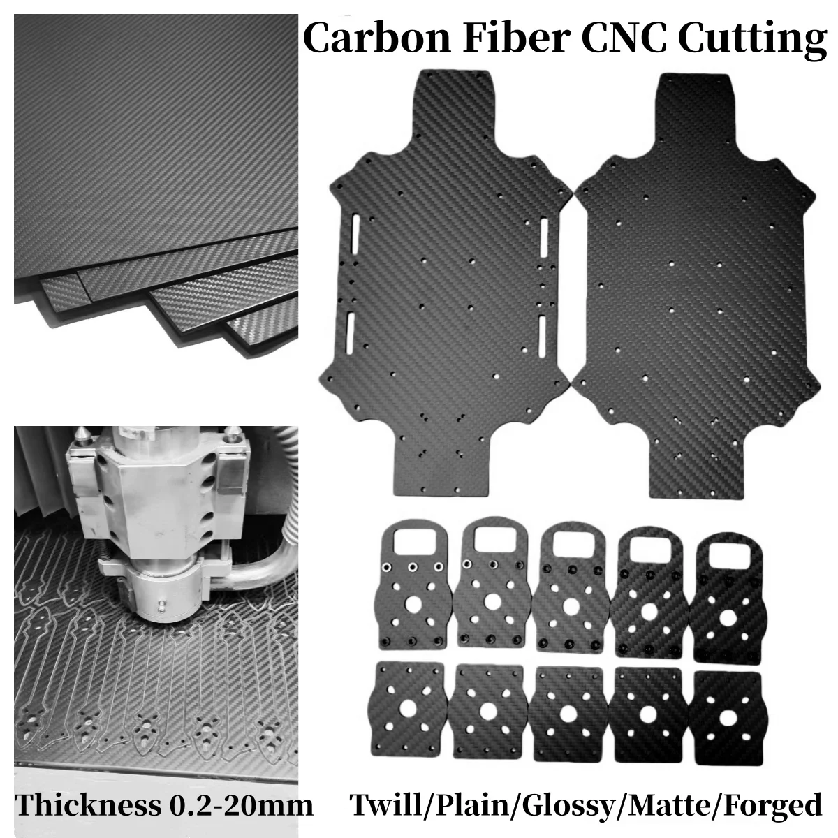 

Carbon Fiber Sheet Plate Cutting Processing CNC Machining Milling Chamfering Engrave Undersunk Punching PressNuts Silkscreen