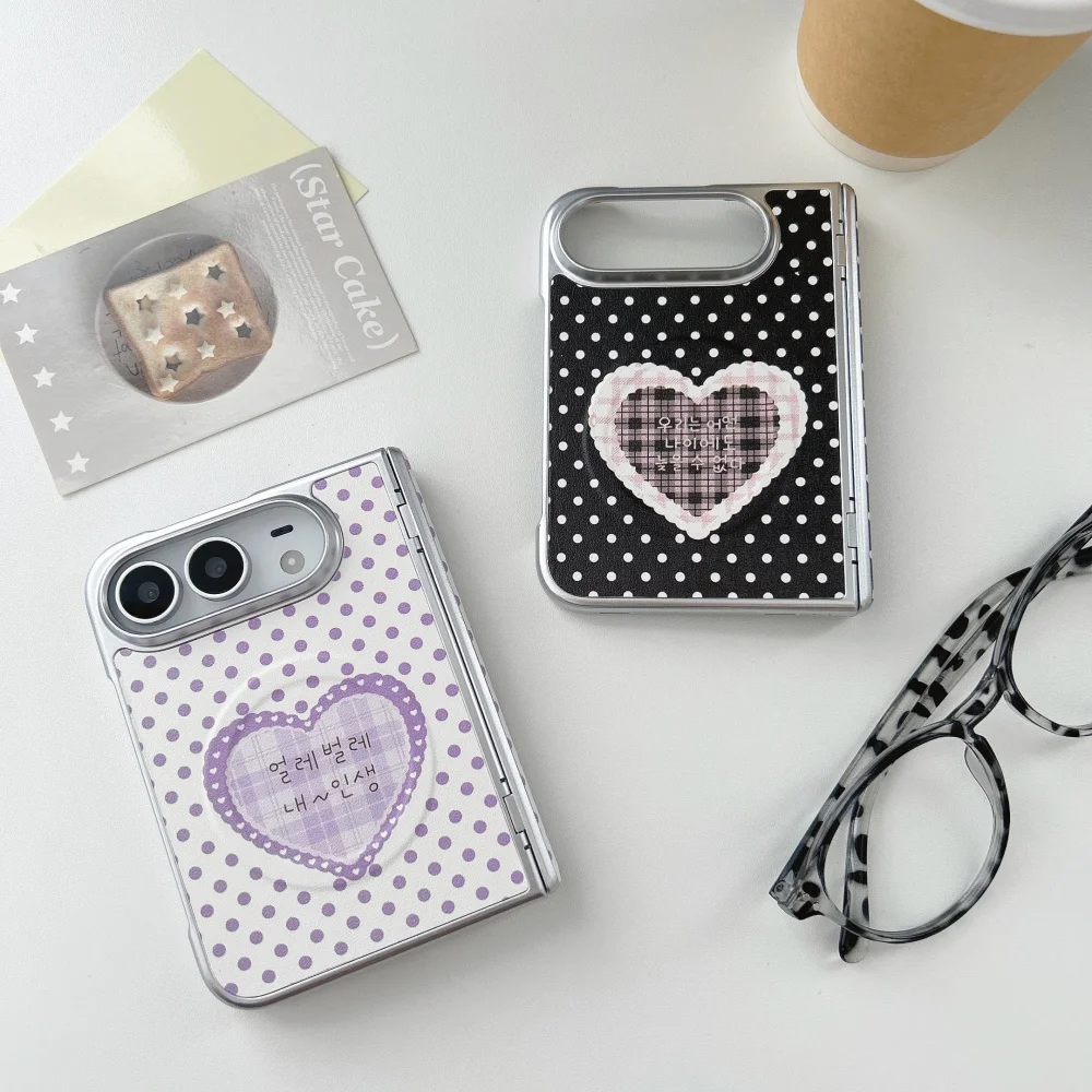 New Korean Ins Polka Dot Heart‑Shaped Sweet Phone Case for iPhone Duo Cover with MagSafe Fashion Shockproof Protective Case Cute