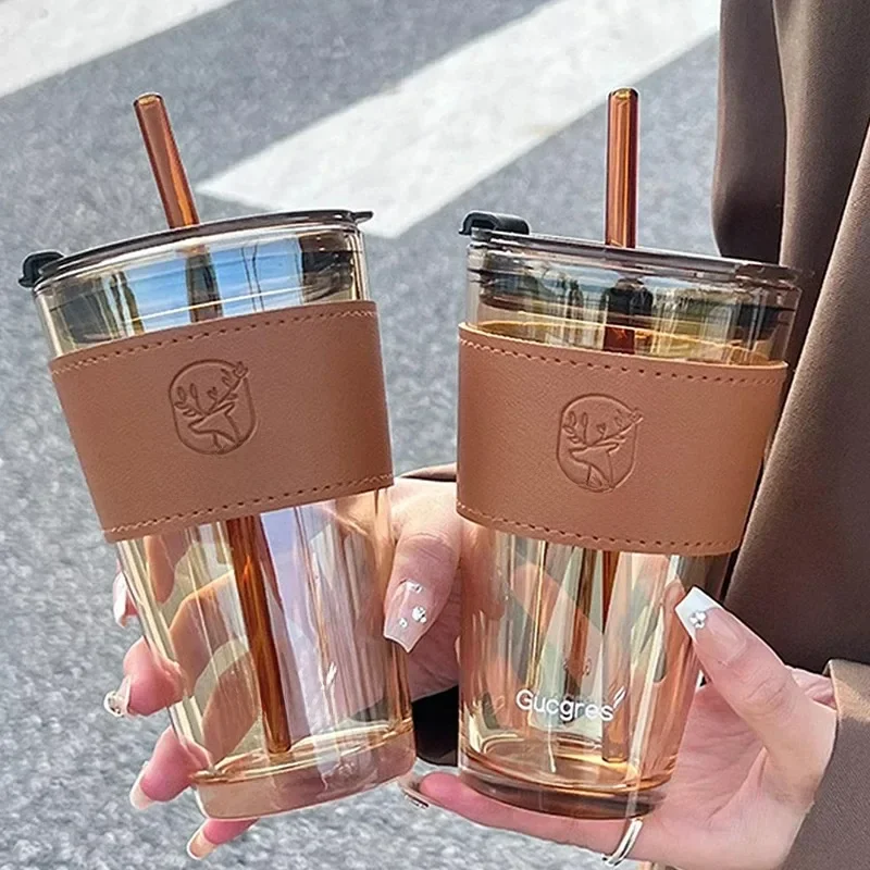 Tasse en verre de bambou de vent de haute beauté de 450ML paille d'été tasse de paille de grande capacité pour femmes