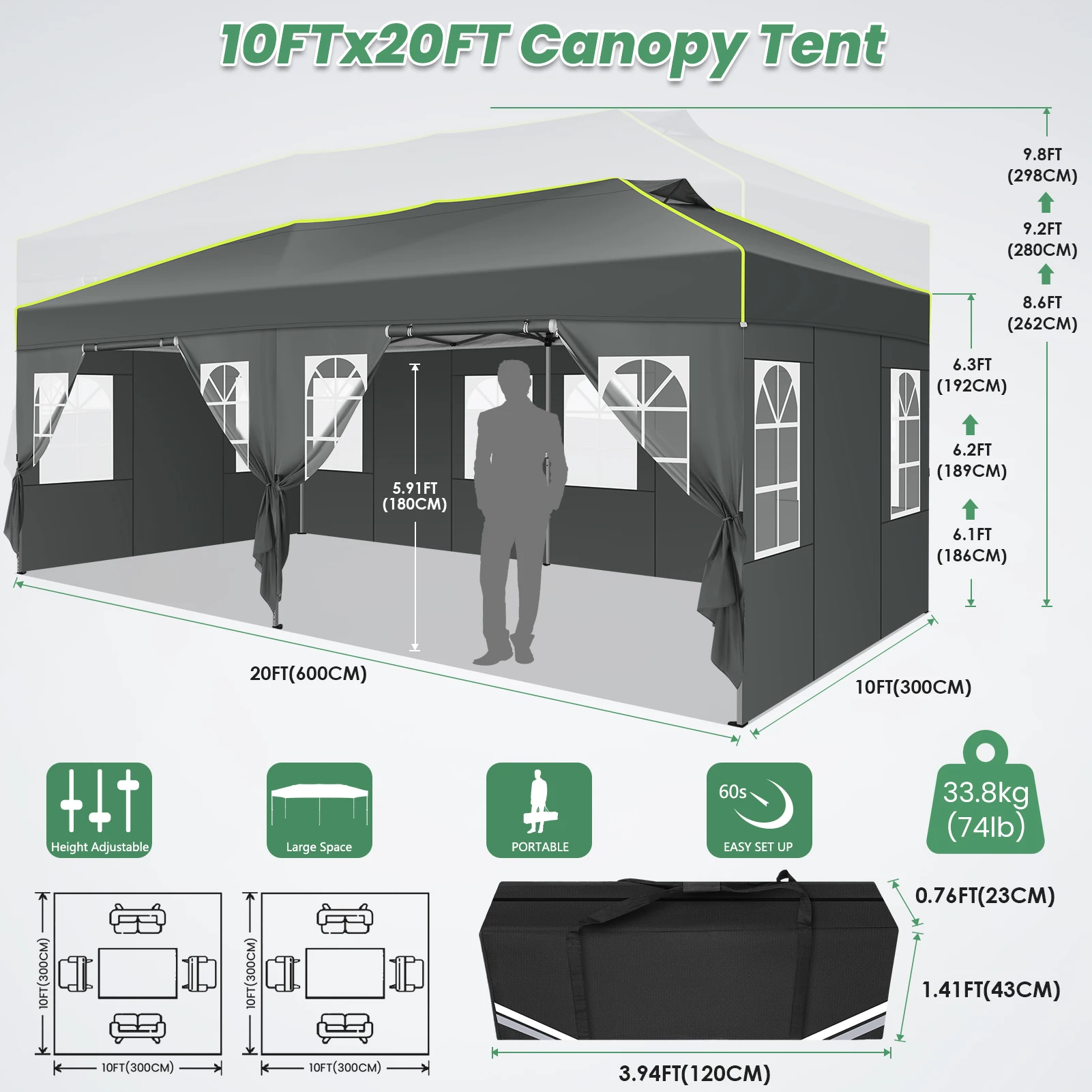 3x6m Folding Gazebo Event Canopy Pop Up Waterproof Party Tent With 6 Side Wall UV Protect For Garden Outdoor Commercial Wedding