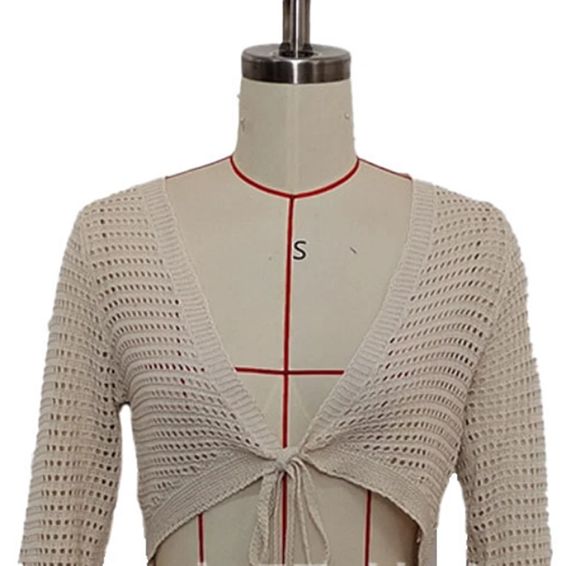 2-teiliges langärmliges Mini-Strandkleid für Damen, Strick-Bikini-Vertuschung, sexy tiefes V-Schnür-Crop-Top und Kordelzugrock, unterer Wickel