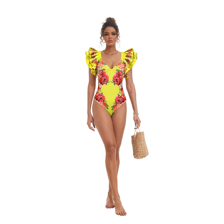 Bañador de una pieza con estampado de flores para mujer, conjunto de traje de baño de lujo con volantes y falda, ropa de playa, 2024