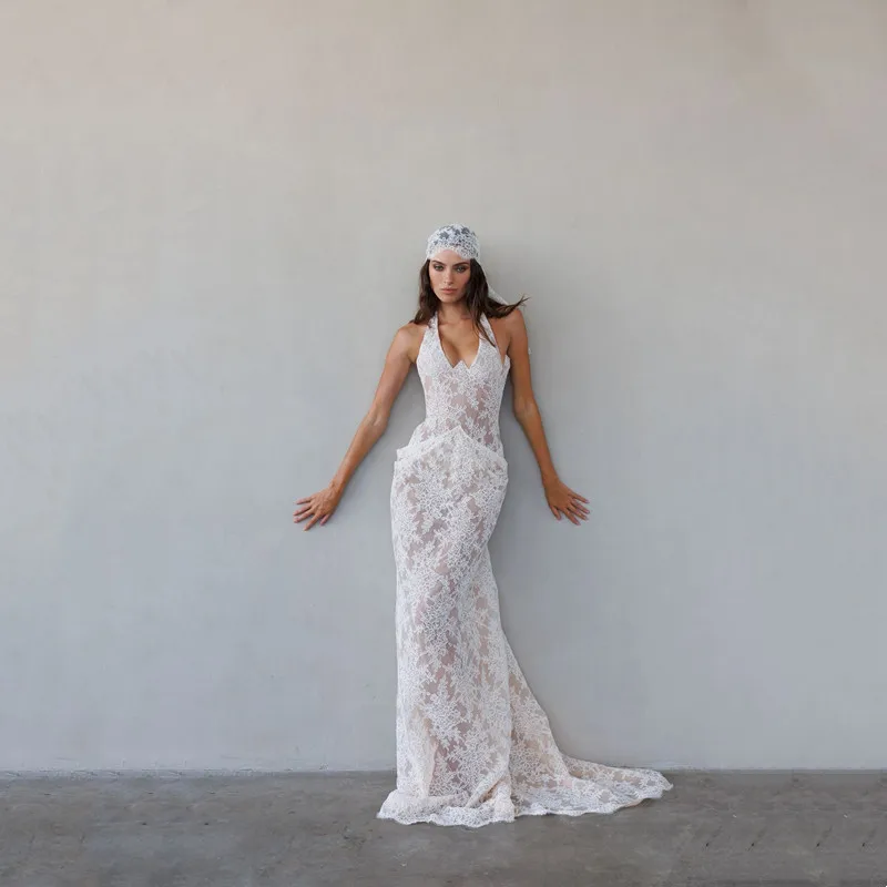 

Modern Lace Appliques Mermaid Wedding Dresses Sexy Sleeveless Halter Neck Pleat Illusion Open Back Gowns Open Back Sweep Train