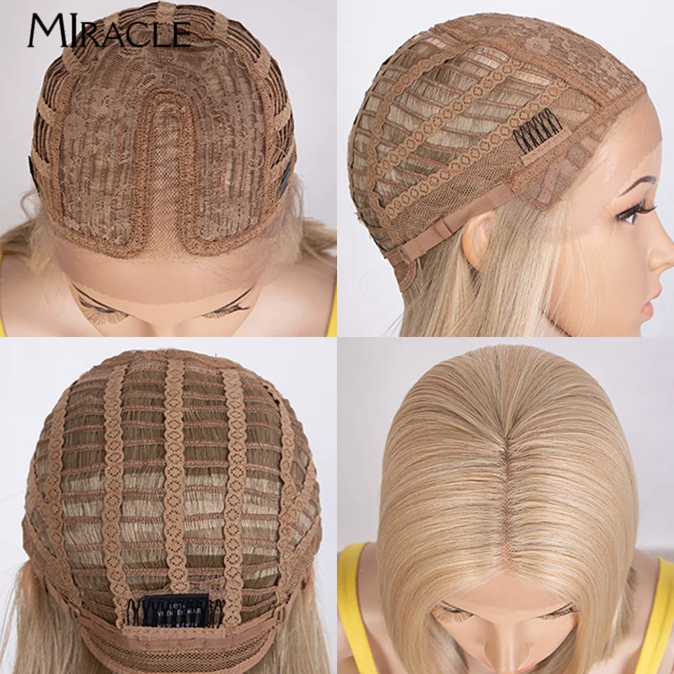 MIRACLE-Perruque Lace Front Synthétique Droite pour Femme Noire, Perruques Bob Courtes, Perruque Lace Middle Part, Perruques Cosplay, 12 en effet,