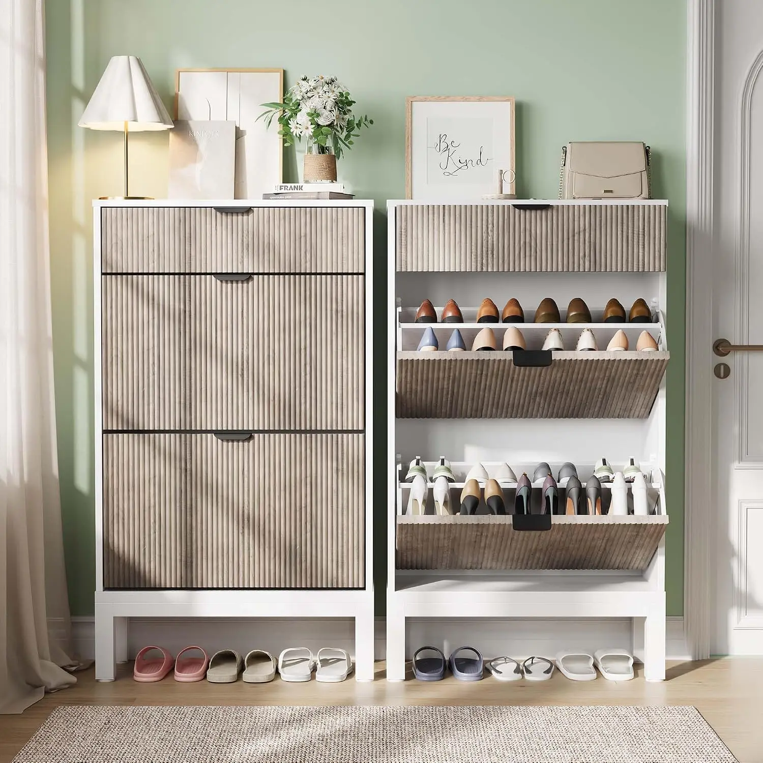 Mobiletto porta scarpe, armadio sottile, mobiletto organizer per scarpe con 2 cassetti a ribalta e un cassetto aggiuntivo, mobiletto stretto in legno per scarpe con divisori regolabili, ideale per