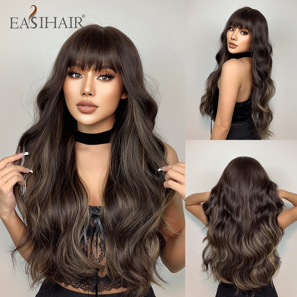 EASIHAIR Long Wavy Brown Synthetic Wigs Blonde Hightlights Natural Hair for Women Wigs With Bangs Daily Cosplay Heat Resistant