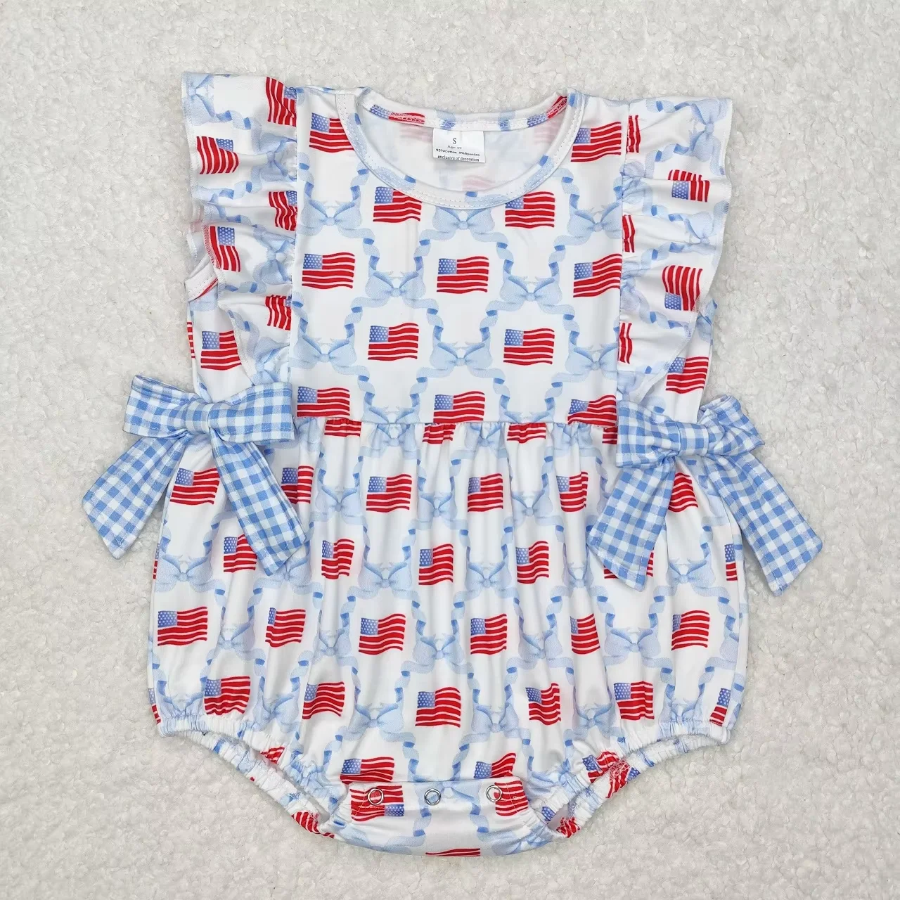 

Wholesale Baby Girl Flags Blue Bows Infant Jumpsuit Kids Children Overall Bubble Romper Newborn Toddler July 4th Ruffle Clothing
