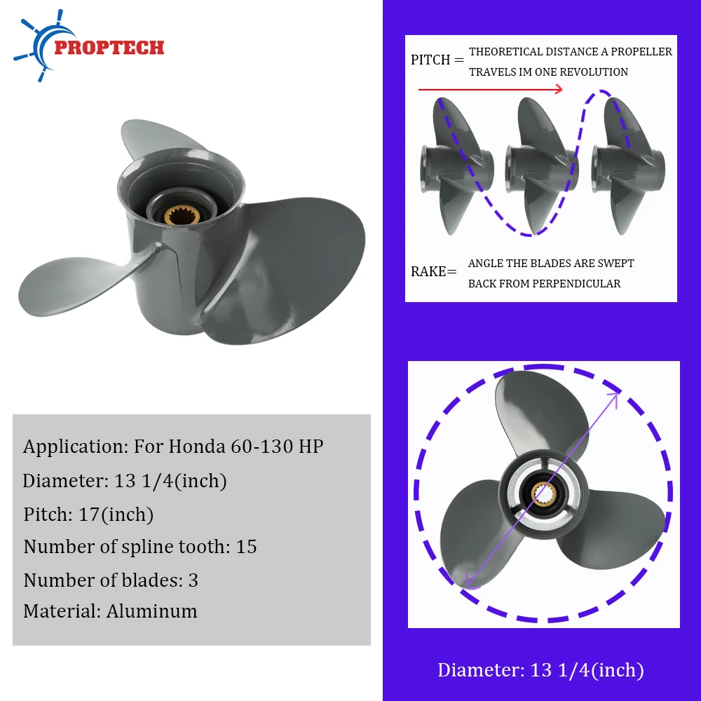 For Honda Outboard Motor Propeller 60-130hp Boat Ship Aluminum Screw 3 Blade 15 Spline Fit 13 1/4*17 inch Marine Part