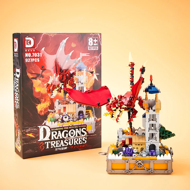Kreatywny magiczny smok i osłona skarbów Wieża czarownic Bajka Model architektoniczny Zestaw klocków Monster Bricks Zabawka dla dzieci Gif