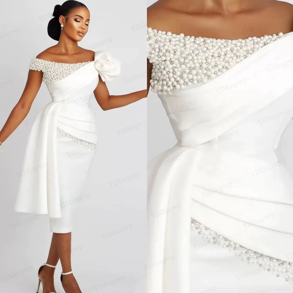 Vestidos de casamento curtos 2025 para noivas pérolas frisado fora do ombro na altura do joelho vestido de noiva africano personalizado