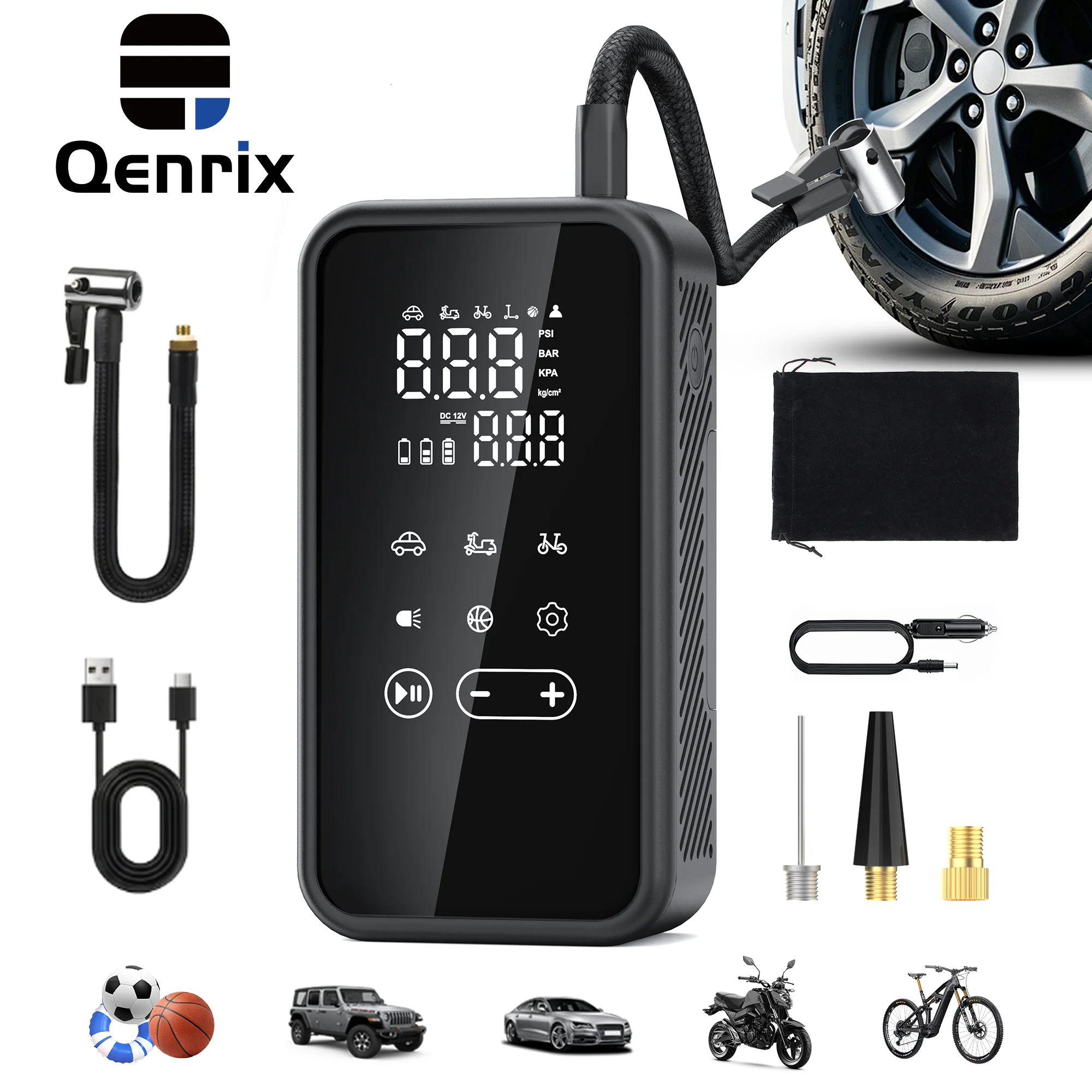 Image of Qenrix Touchscreen-Reifenfüller, 150PSI DC 12V & Batteriebetriebene Kabellose Luftpumpe mit LED, Digitalanzeige, Auto-Stopp für Autos