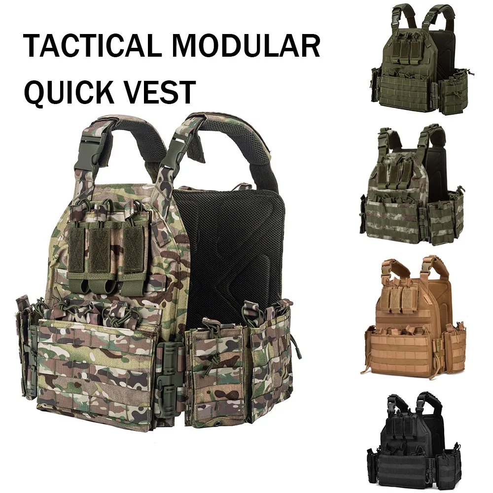

Tactical Quick Plate Carrier Vest Features 3D Mesh Lining 3 Mag Panels 2 Storage Bag Reinforced Shoulders for Airsoft Outdoor