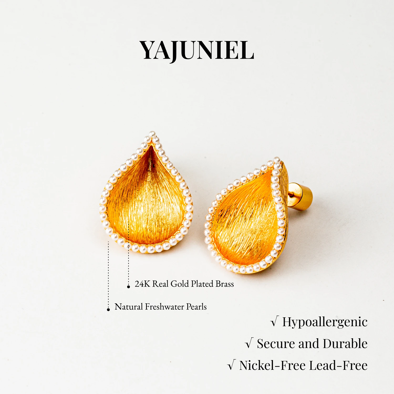 YAJUNIEL 24K Real Gold Plated Teardrop Natural Pearl Stud Earrings for Women Hypoallergenic Shell Shape Textured Earrings
