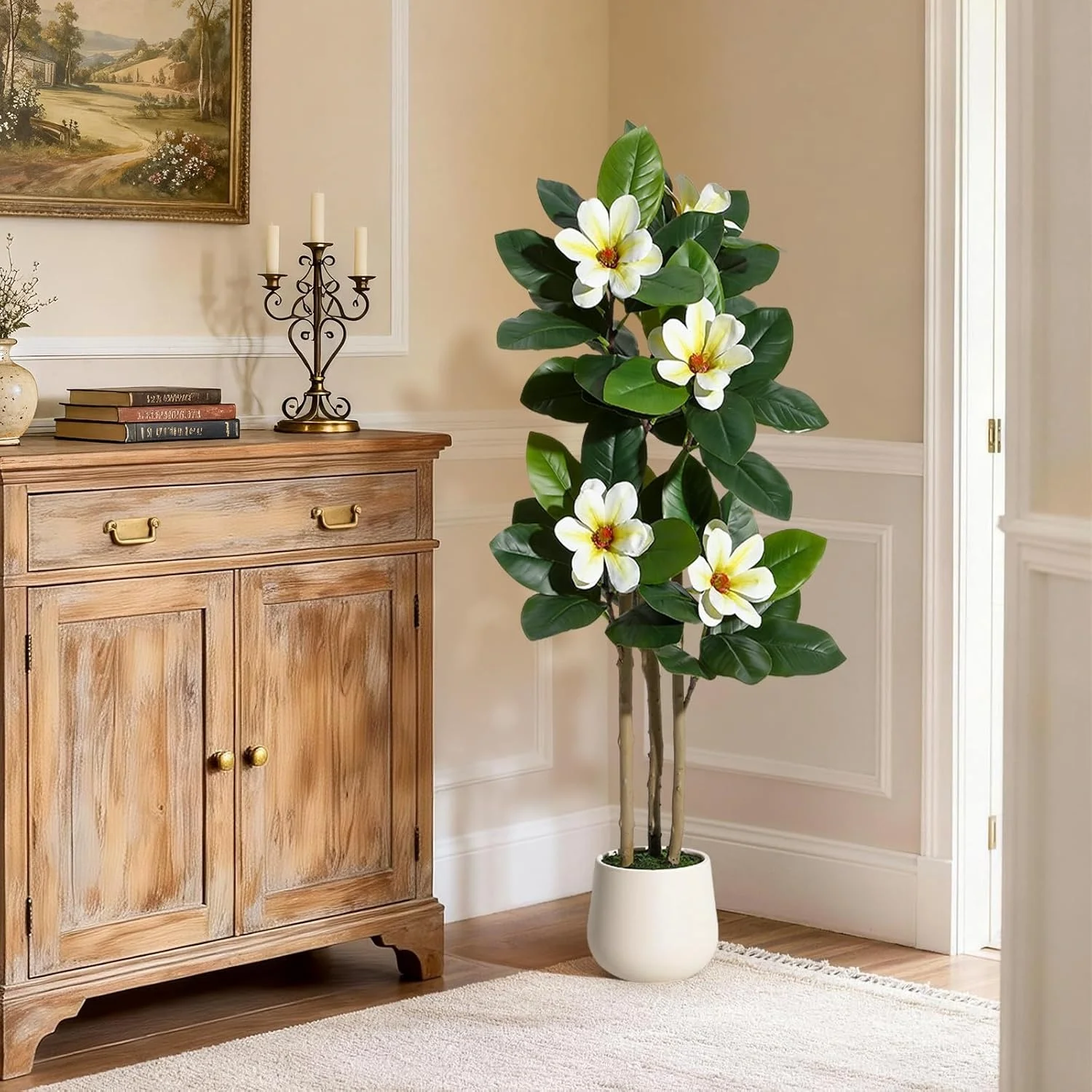 Arbre en caoutchouc artificiel de 120 cm, plante d'intérieur artificielle avec des feuilles réalistes et plusieurs troncs, plante artificielle en pot avec des fleurs blanches, plante décorative facile d'entretien pour la maison, le bureau, le salon