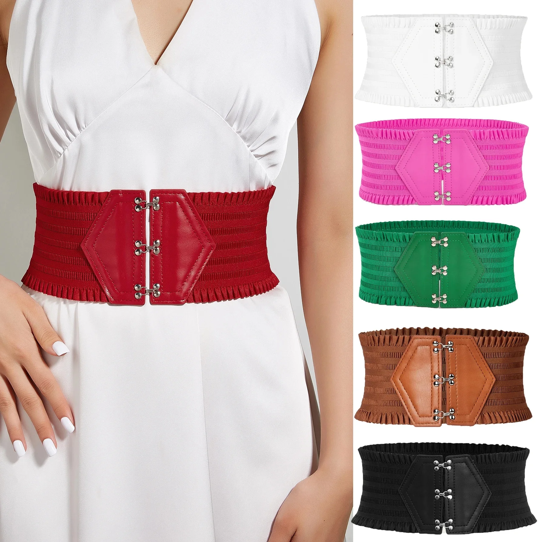 Ceinture élastique à triple boucle vibrante, large ceinture à volants, ceinture de robe décorative élégante pour femmes avec sangle réglable