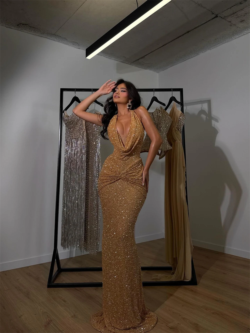 Mila Customized Golden Mermaid Halter Neck Glitter Prom Dress Sleeveless Sexy Vestidos De Noche Floor-Length Formal Evening 2026 image 5