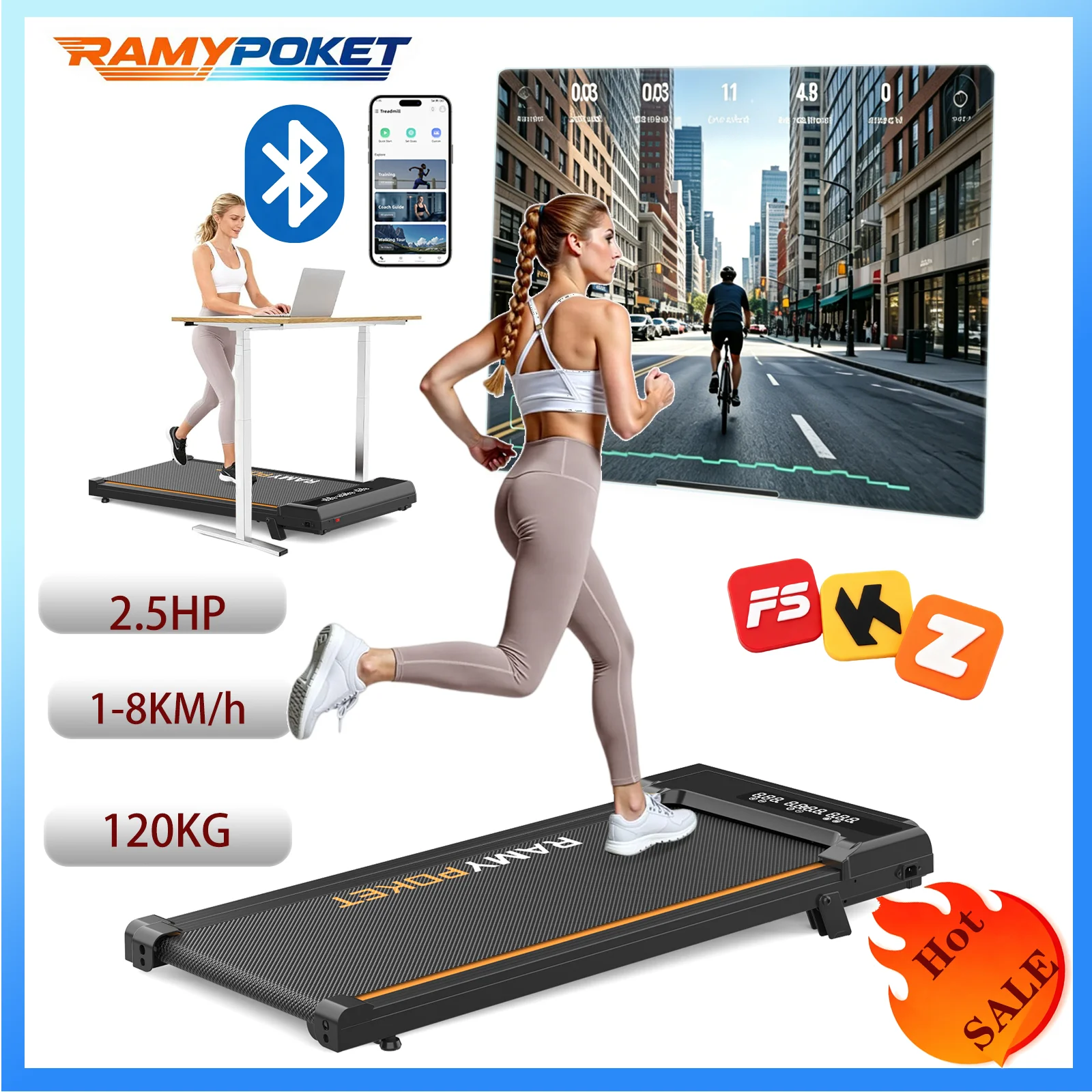 RAMYPOKET Bieżnia nachyleniem 9% cichy silnik sterowanie APP potrójny wyświetlacz prędkość  walking pad do domu i biura (czarny) — Zdjęcie 2 z 2