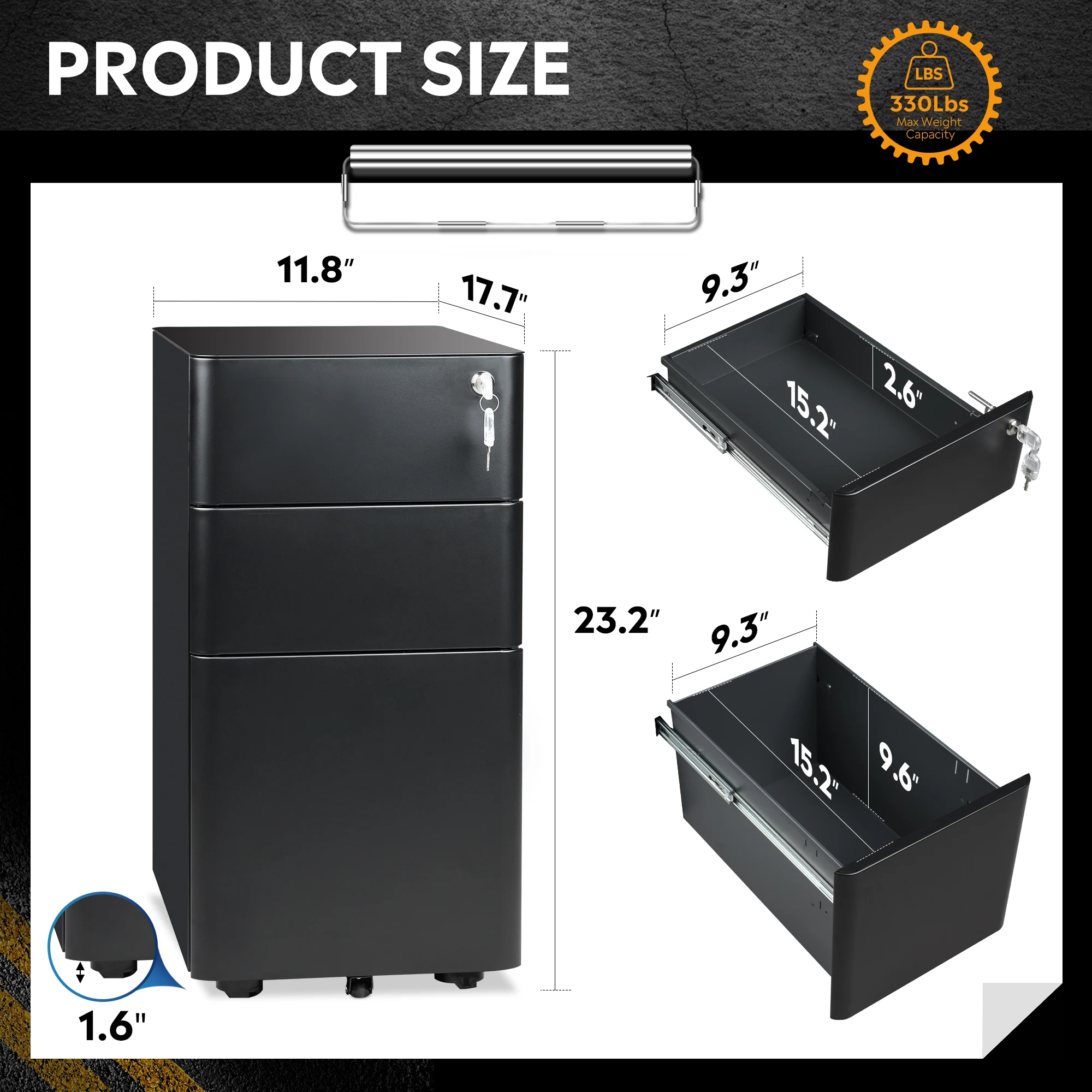 3 Drawer Mobile File Cabinet, Fully Assembled Except Casters Metal Filing Cabinet with Lock for Home Office, Fits Letter/Legal/A4 Size, 11.8 X 17.7 X 23.2 Inches, Black