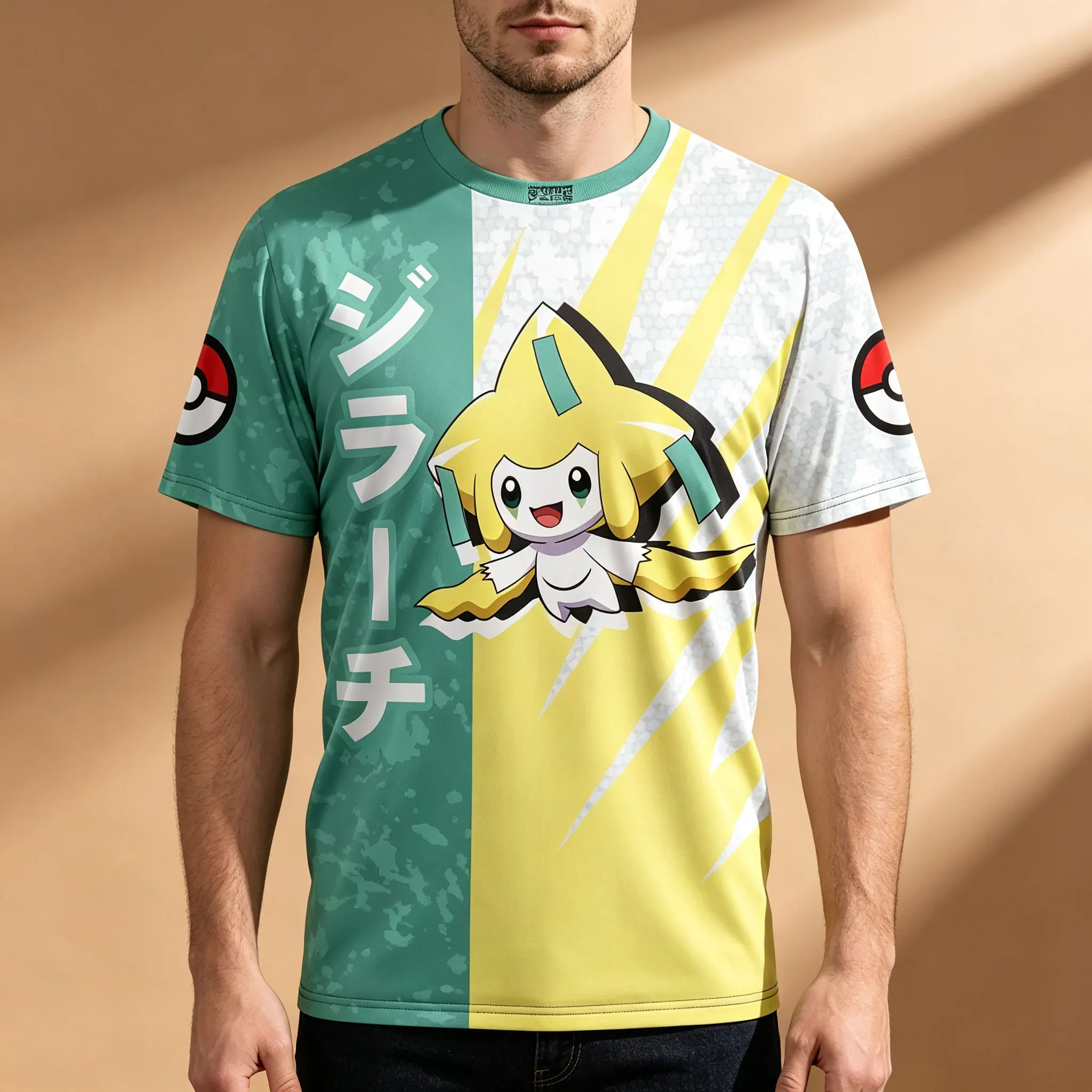 Herren-T-Shirt mit Pokemon Jirachi-Motiv, japanischer Text, geteilte Farbe, vollflächiger Druck, atmungsaktiv, schnell trocknend, hochelastisch, Rundhalsausschnitt, Anime-Streetwear