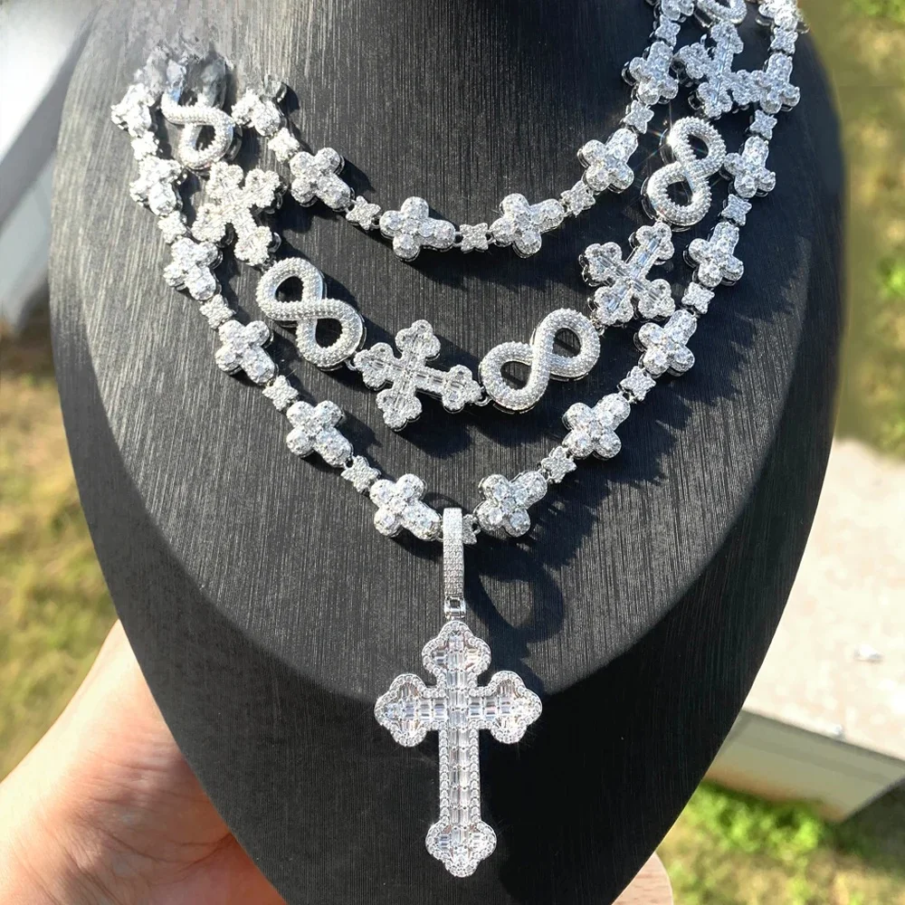 Collier croix infini glacé pour hommes et femmes, couleur argent, réglage des griffes, breloque en zircone cubique, chaîne à maillons étoile, bijoux Hip Hop