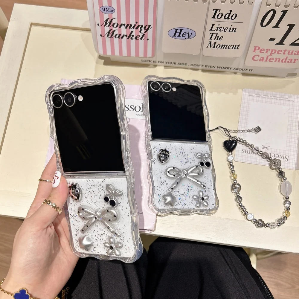 

Light luxury cherry bow phone case, suitable for Samsung Z Flip3 4/5/6/7, with chain, Korea INS new shockproof protective case