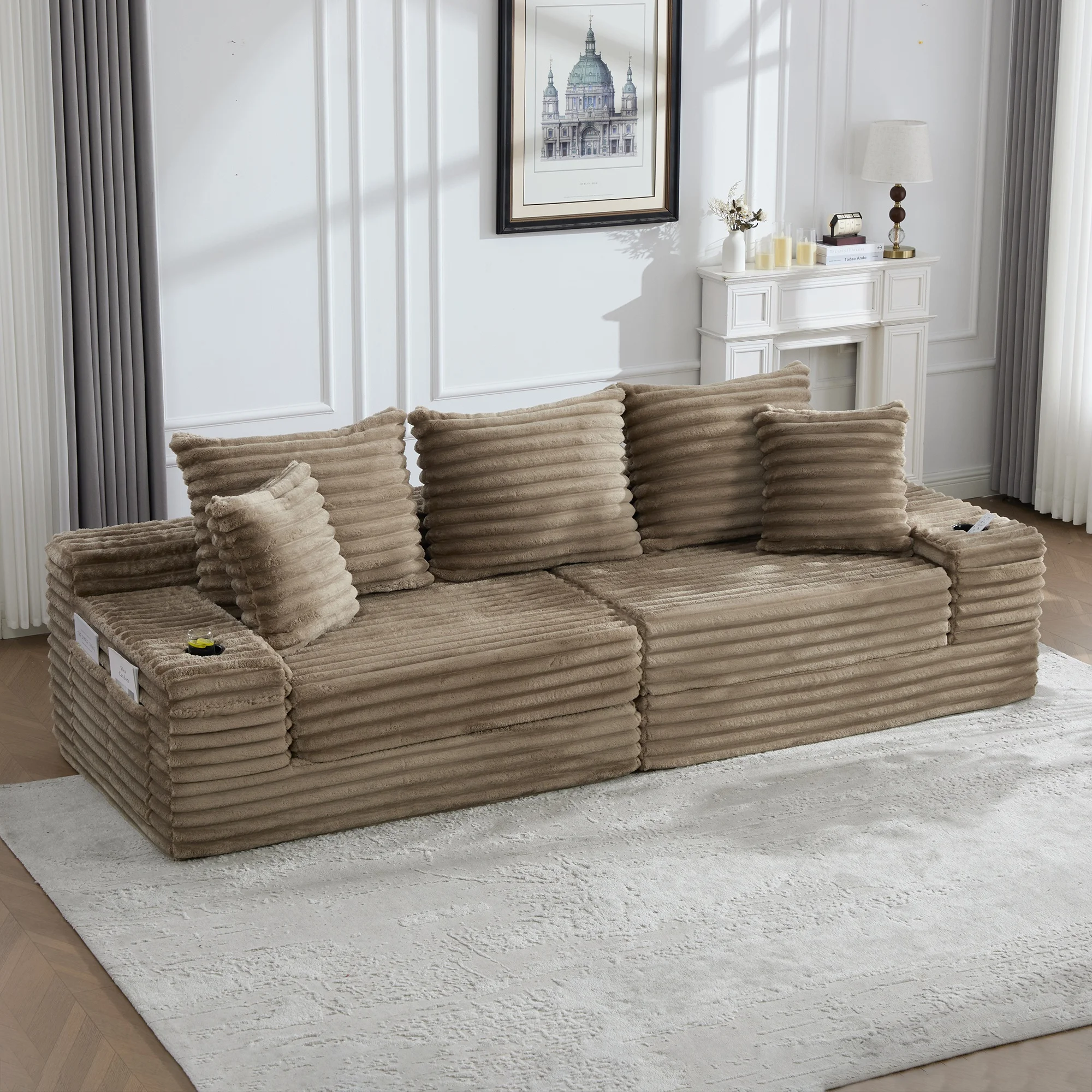 Sofá Modular Convertible con Respaldo de Piel, Bolsillos Laterales y Portavasos en Terciopelo Acanalado Color Caqui 273 × 98 × 87 cm