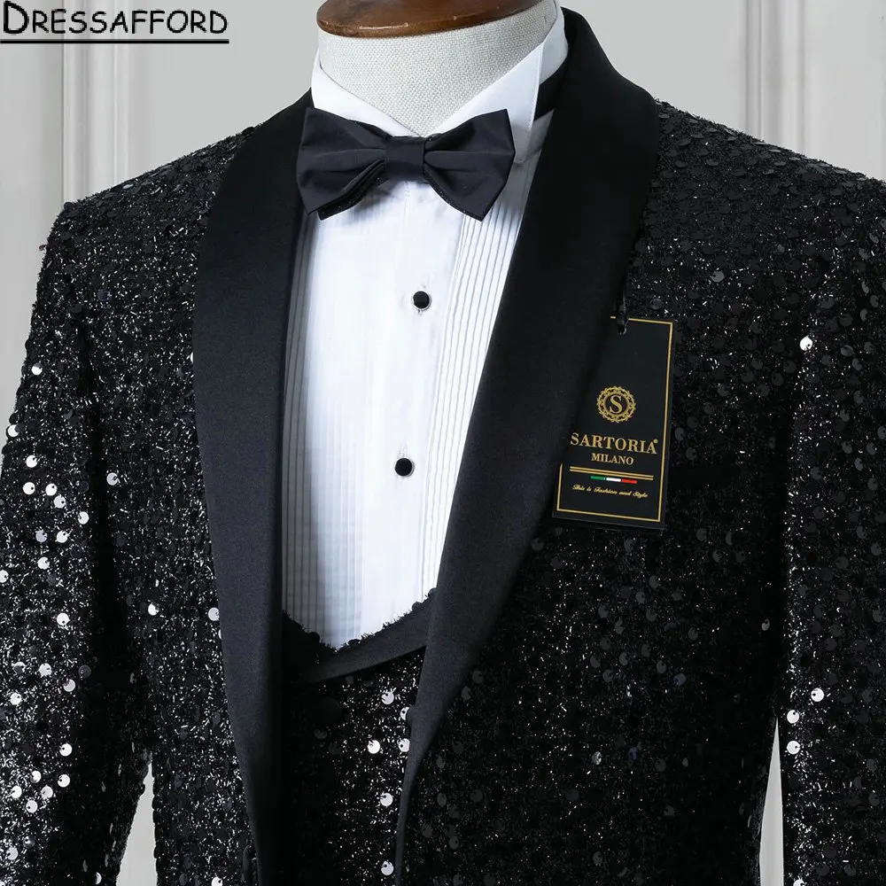 Fatos formais de três peças com lantejoulas masculinos, jaqueta, conjuntos de colete e calça, casual inteligente, blazer de negócios, roupa preta do noivo