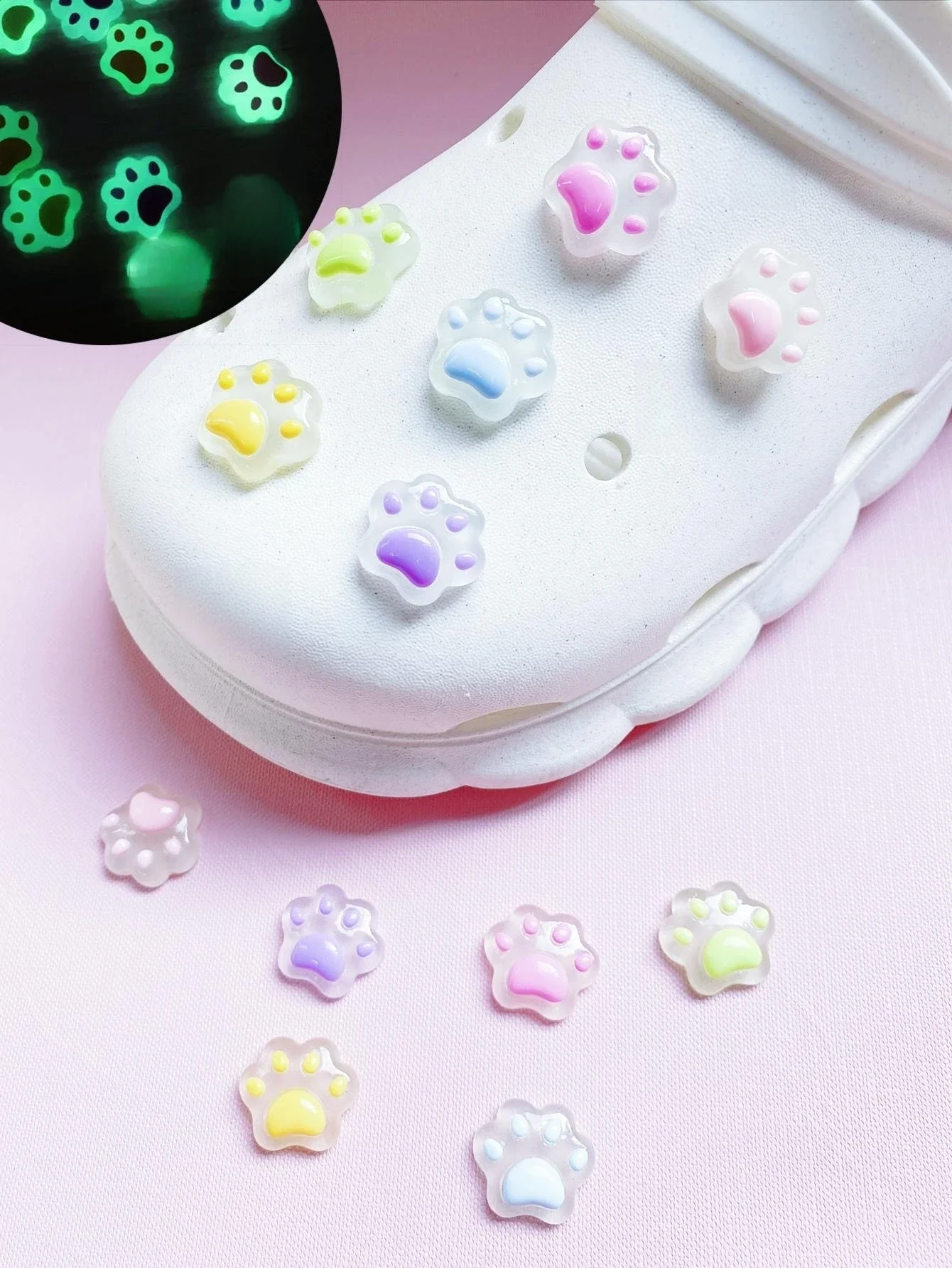 12 pièces pour sabots accessoires détachables lueur dans le noir chat griffe accessoires après absorber lueur chaussures de jardin chaussures de plage a