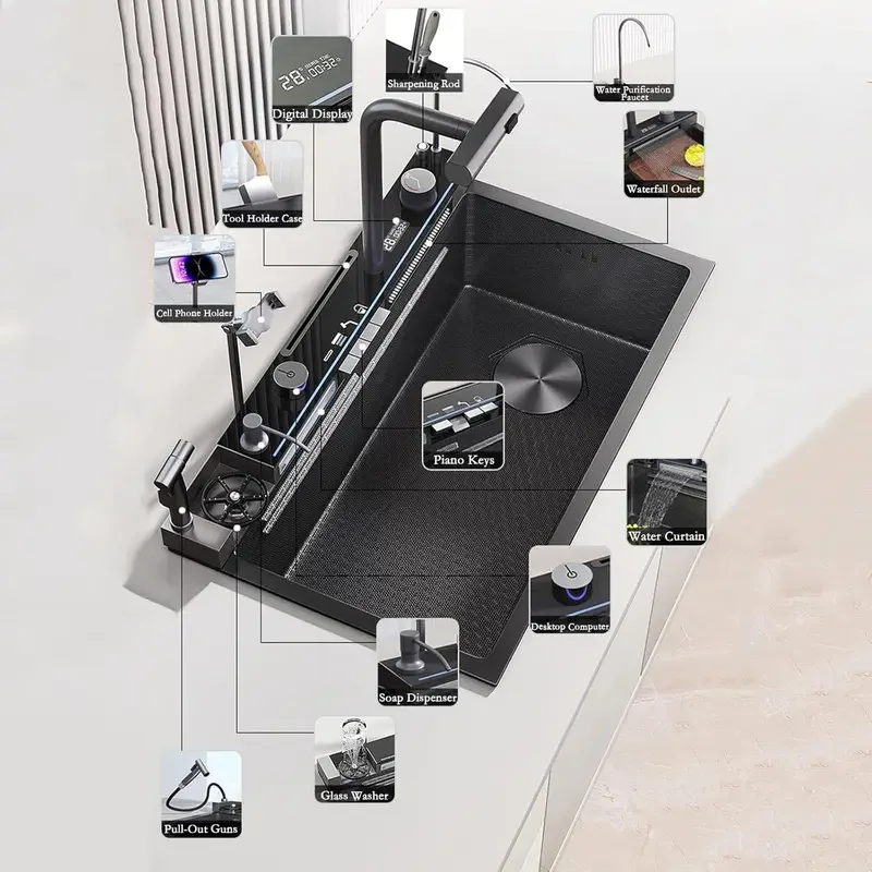 BRONCHO 29.5x18 INCH Modern Smart Single Bowl Kitchen Sinks，Digital Display Double Waterfall Si