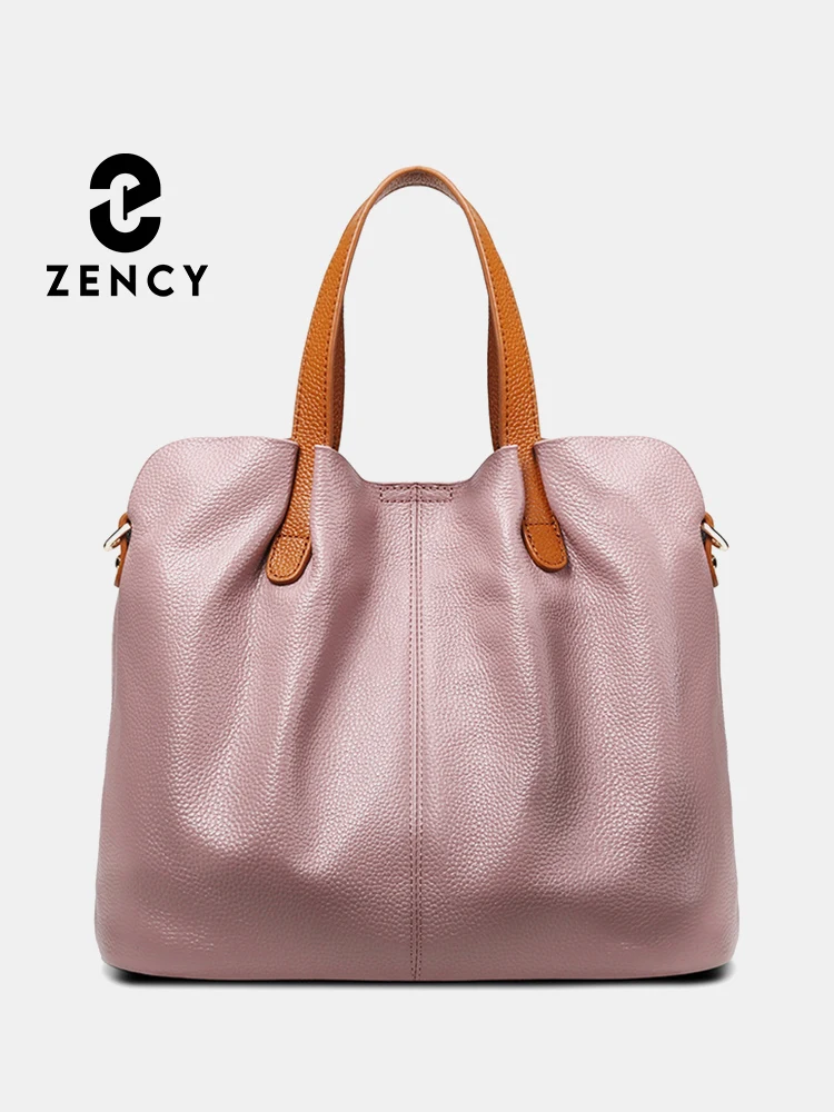 Zency Large Shoulder Bag for Women Genuine Leather Cowhide Handbag with Top Handle Trendy Fashion Work Crossbody Purse Pink