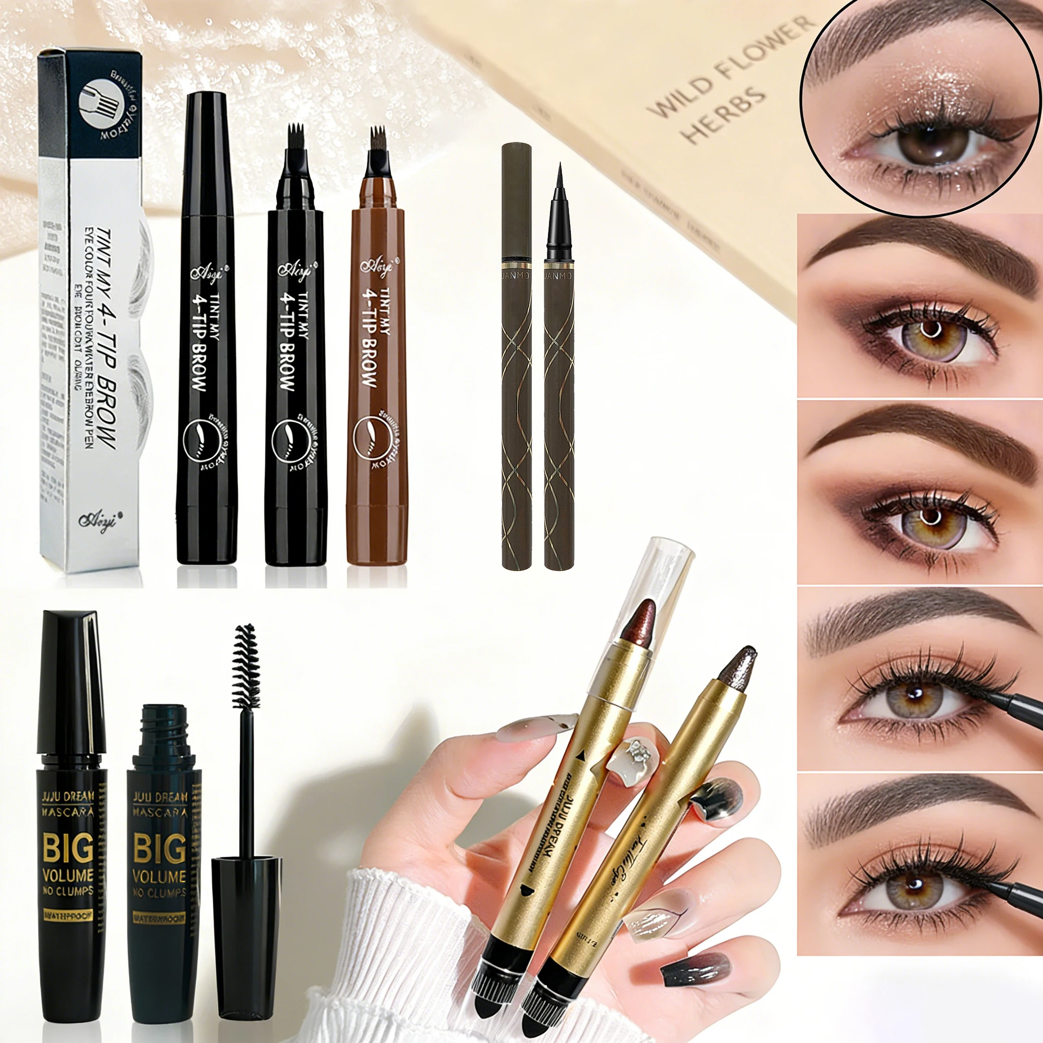 

Набор из 7 предметов: карандаш для бровей с четырьмя зубцами, тушь для ресниц, жидкая подводка для глаз, карандаш-хайлайтер для теней для век – создайте идеальный макияж глаз.