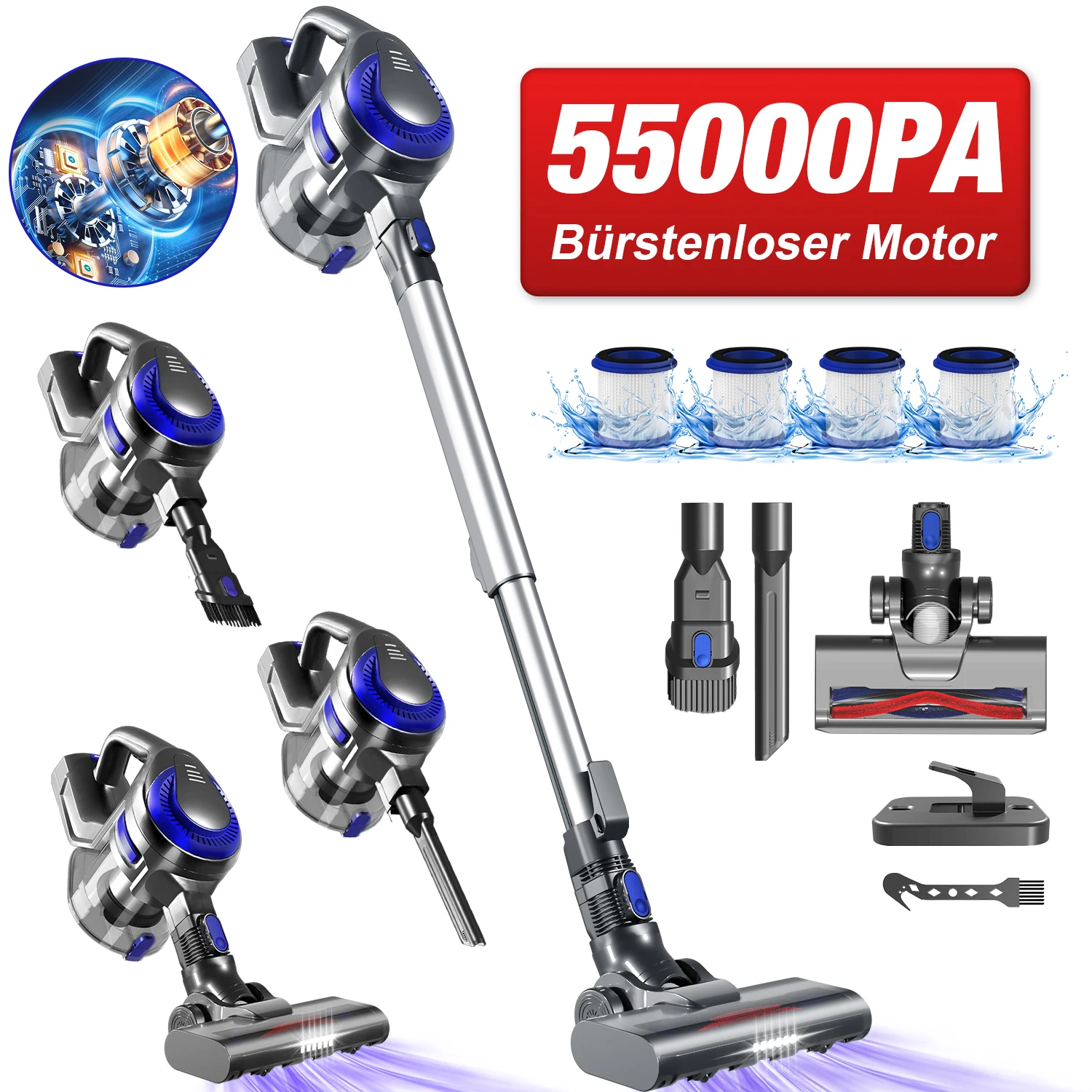 Aspirateur sans fil Adormii 55KPa 450W avec détection intelligente des sols, aspirateur à main, autonomie de 55 minutes, nettoyage des bords à 360°, filtre HEPA, phares LED pour tapis et poils d'animaux