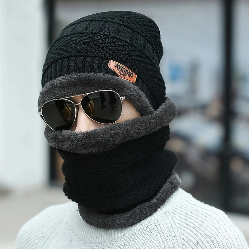 AliExpress Winter hat men's warm and cold resistant with thick woolen hat cotton hat cycling knitted hat neck protection scarf two-piece se