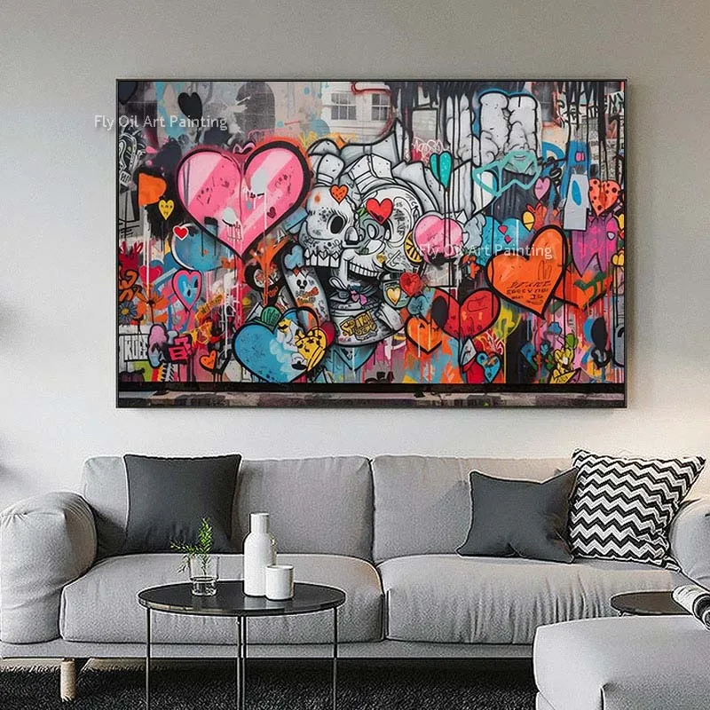 Modern Street Graffiti Oil Painting Colorful Love Hearts Wall Art Hand Painted Abstarct Canvas Painting For Home Decor Unframed