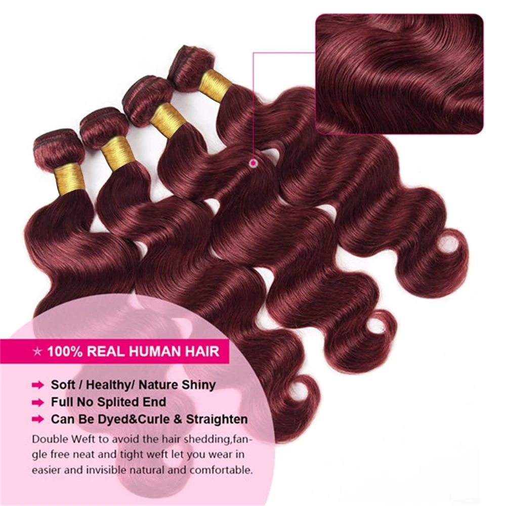 Extensiones de cabello humano brasileño sin procesar, mechones ondulados con Frontal 100%, encaje Frontal 13x4, Color burdeos, n. ° 99J, 2/3