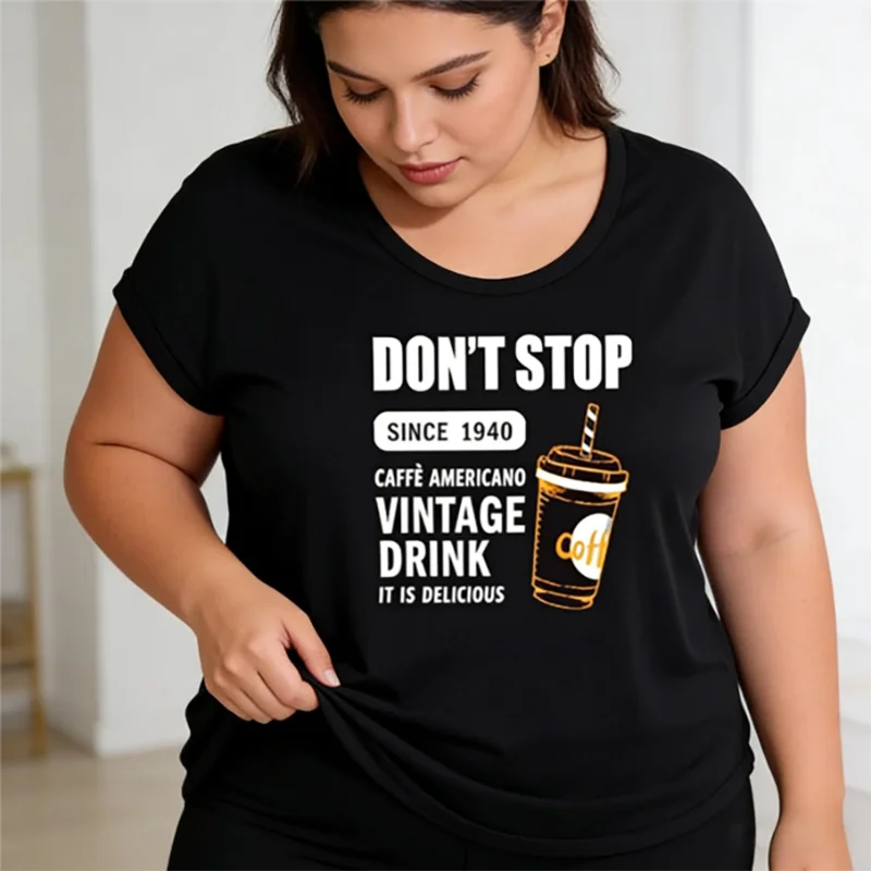 Plus size 40-150kg trendy coffee print oversized t shirt women casual loose u neck short sleeve graphic cotton summer top