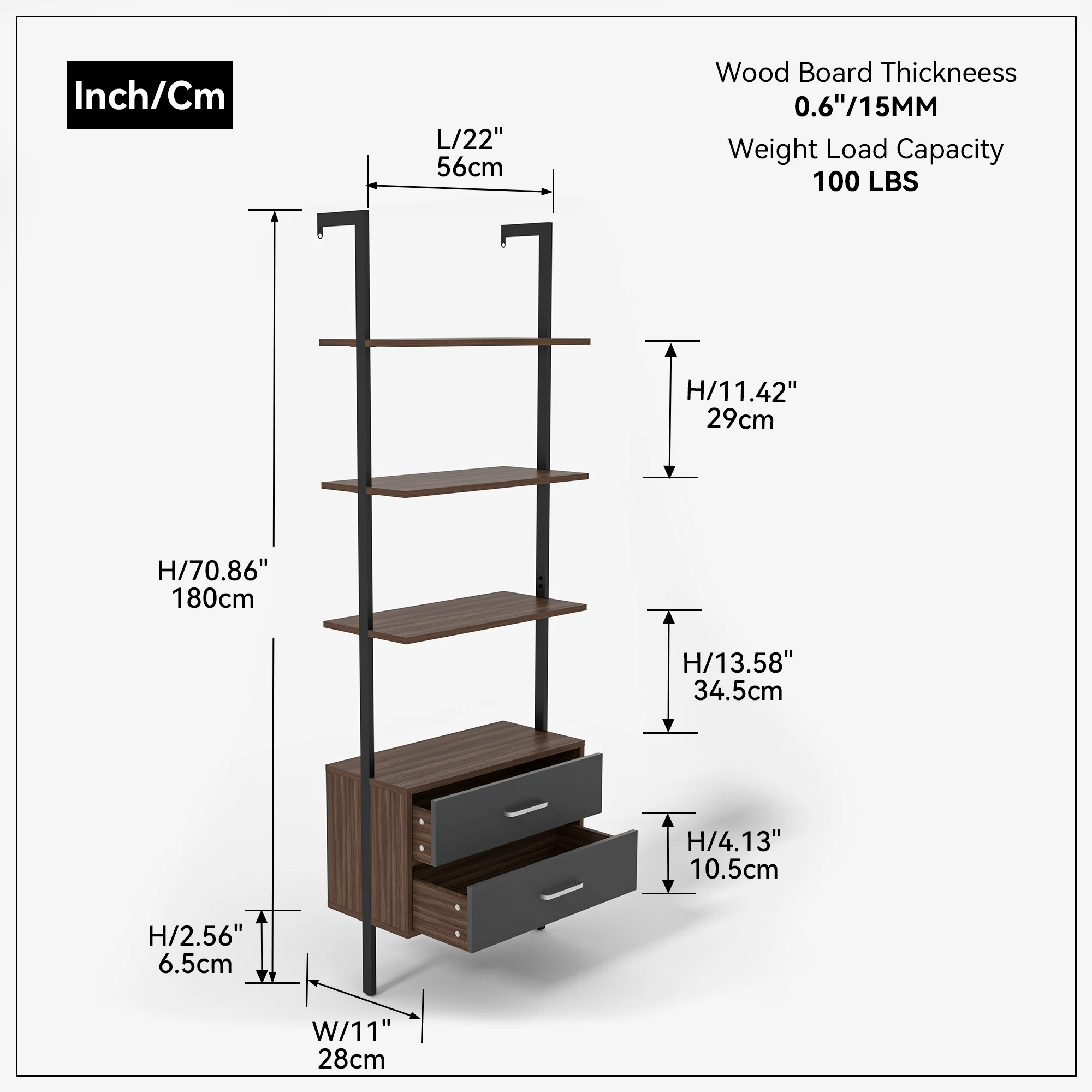 [Flash Sale]Vertical Open Space Shelf with 2 Drawers Ladder BookCase Modern Storage Rack Shelves Office Bookshelf(Black+Gray)