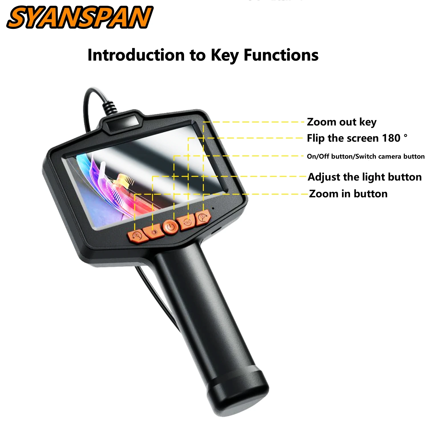 SYANSPAN 4.3“ HD Screen 8mm Endoscope Camera IP67 Waterproof 2600mAh Battery Pipe Inspection Camera HD 1080P for Pipe Car Repair