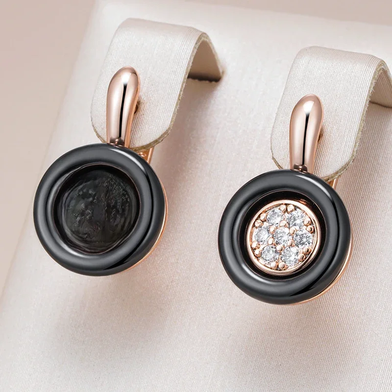Kinel Heiße schwarze Keramik-Tropfenohrringe für Frauen, 585er Roségold, natürliche Zirkon-Accessoires, hochwertiger täglicher edler Schmuck