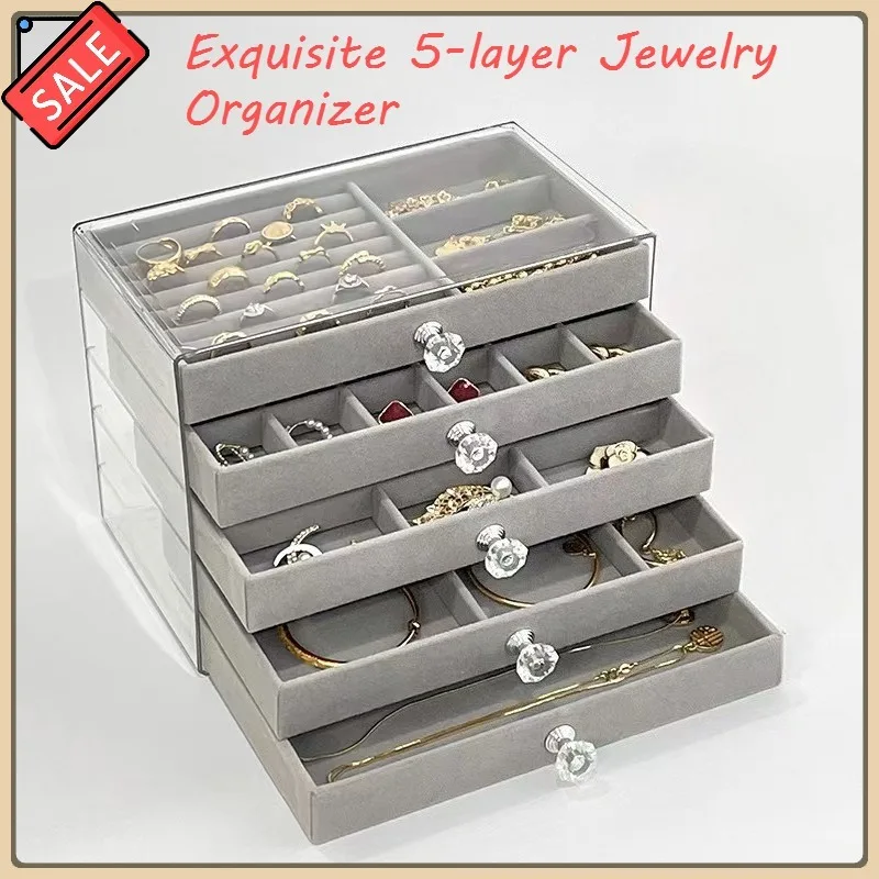 5層式高級グレー-ジュエリーボックス-イヤリングリング収納引き出しタイプ-大容量ジュエリーボックス-ブレスレット腕時計指輪用