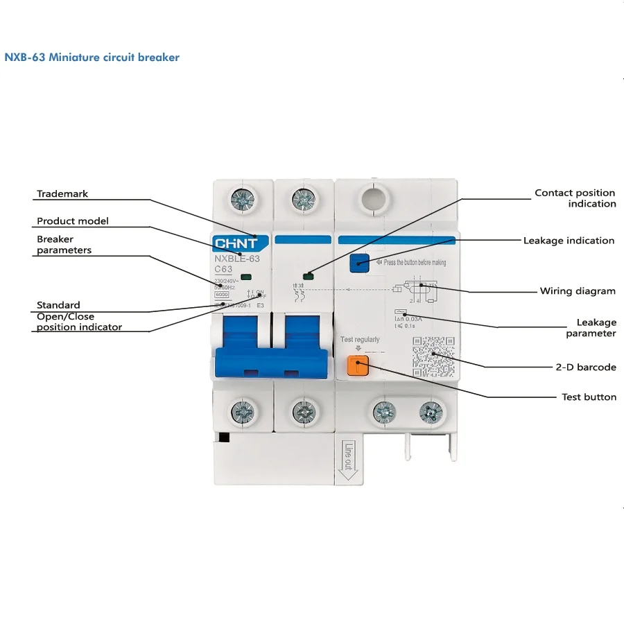 CHINT NXBLE-63 RCBO Type A Circuit Breaker 1P+N 2P 3P+N 4P AC230V/400V 6A-63A DIN Rail C Curve 30mA Residual Current Protection