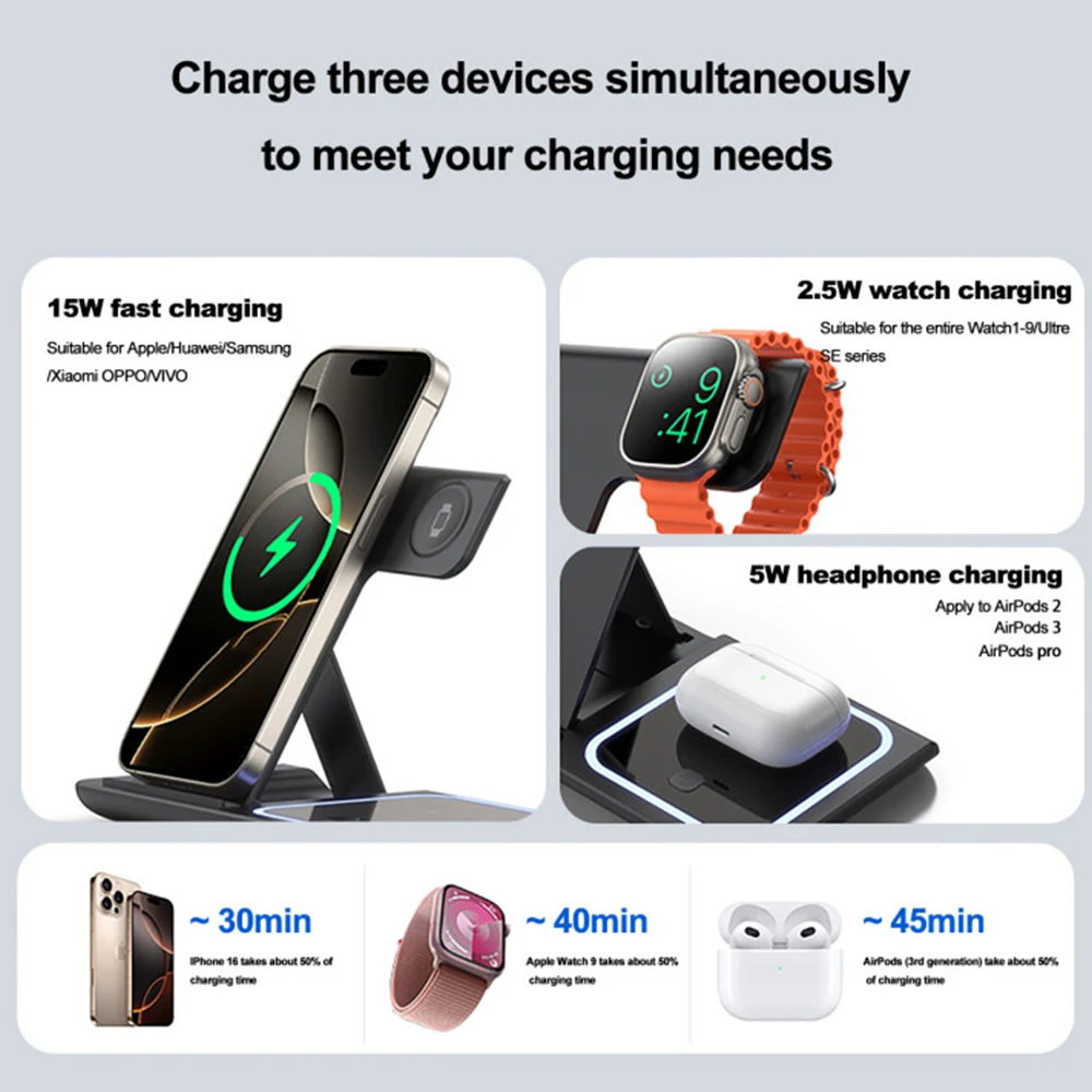 Portable 3-in-1 Wireless Charger Stand Phablet Fast Charging Station for iPhone 16 15 14 13 Pro Max Apple Watch 9 8 7 Airpods