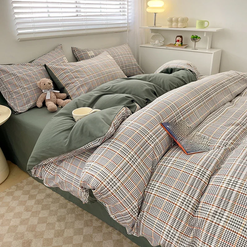 Nordic Plaid Patroon Wassen Katoenen Beddengoed Set Dekbedovertrek Kussensloop Laken Set Dekbedovertrek Beddengoed Set Koningin Kingsize