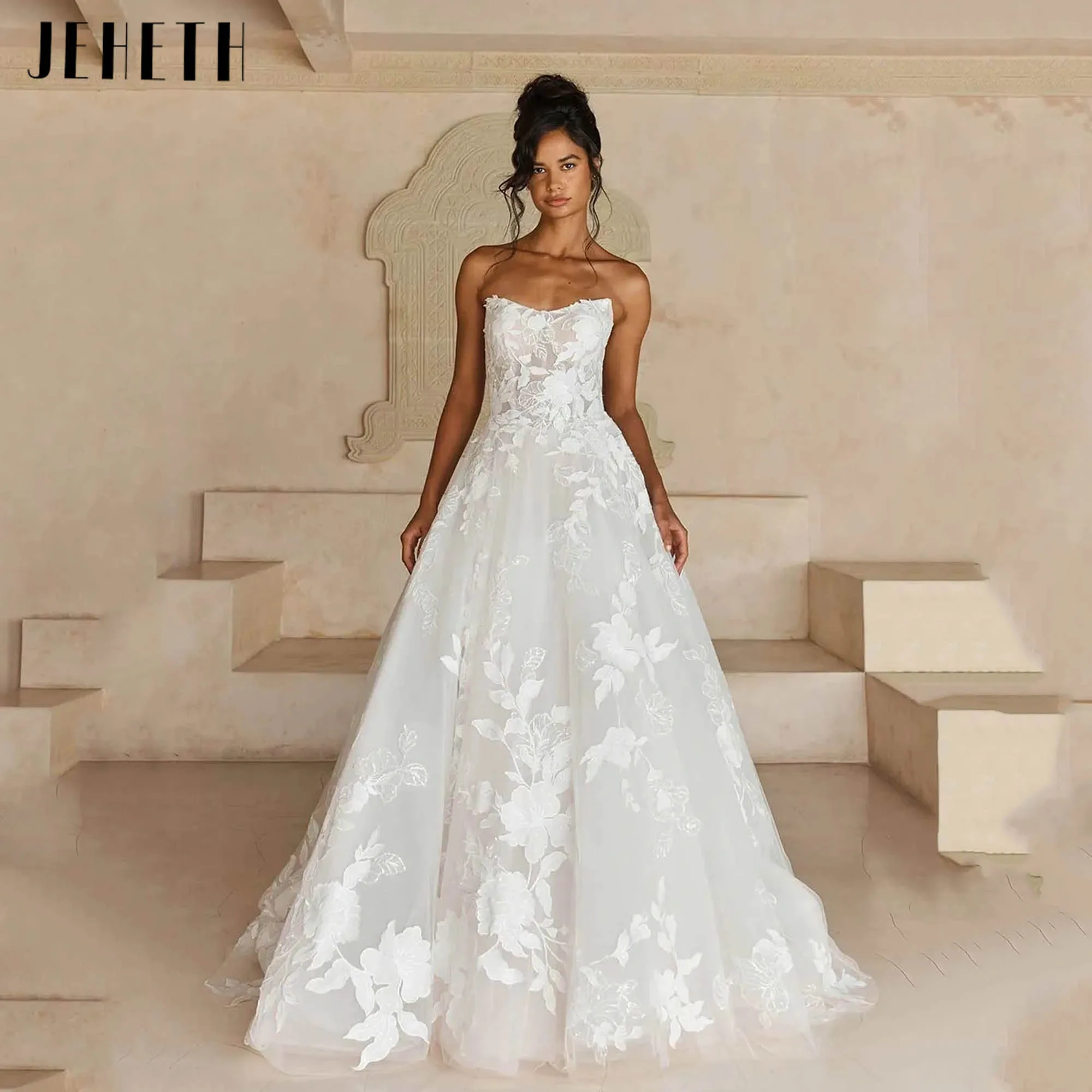 

JEHETH A-line Wedding Dresses Luxury 2025 Strapless Backless Elegant Bridal Gowns Floral Appliques vestidos de novia Customized