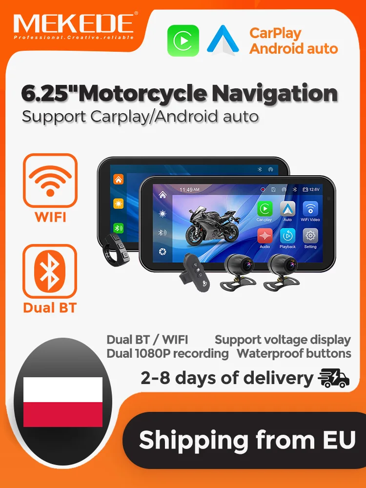 MEKEDE 6,25 Zoll HD Wasserdichter Motorradmonitor Tragbares Smart-Navigationsdisplay Drahtloses Carplay Android Auto Multimedia-Player für Motorrad-Unterhaltungssystem