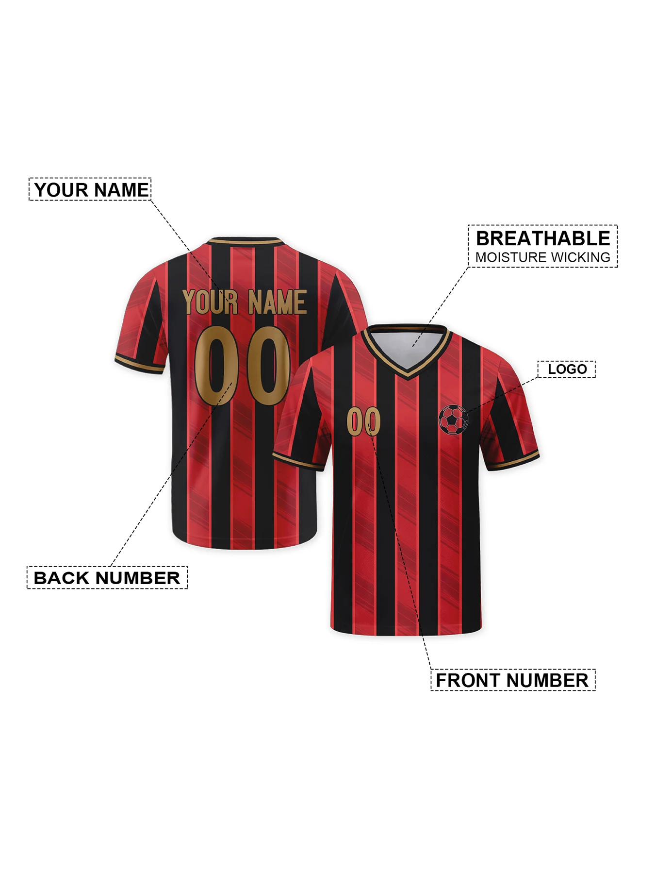 Custom Soccer Jersey with Name Number Logo Personalized Red Black Striped Football Top Soccer Lover Gift for Men Women Kids