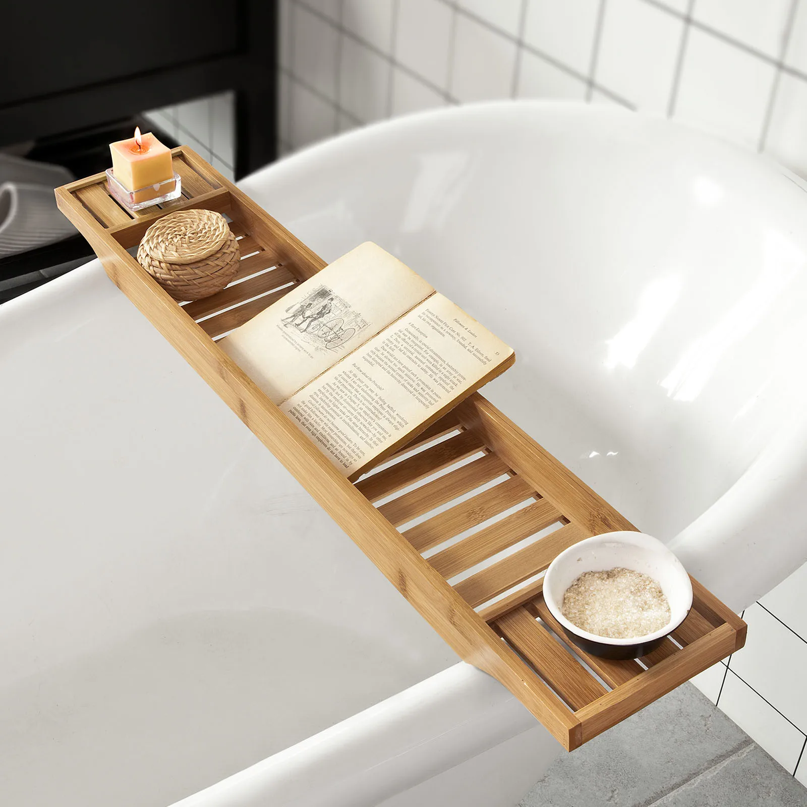 SoBuy FRG212-N Badrandplank bamboe 80cm, badplateau hout, badbrug extra lang & gelakt voor grote badkuipen, wijnglashouder & kaarsplek