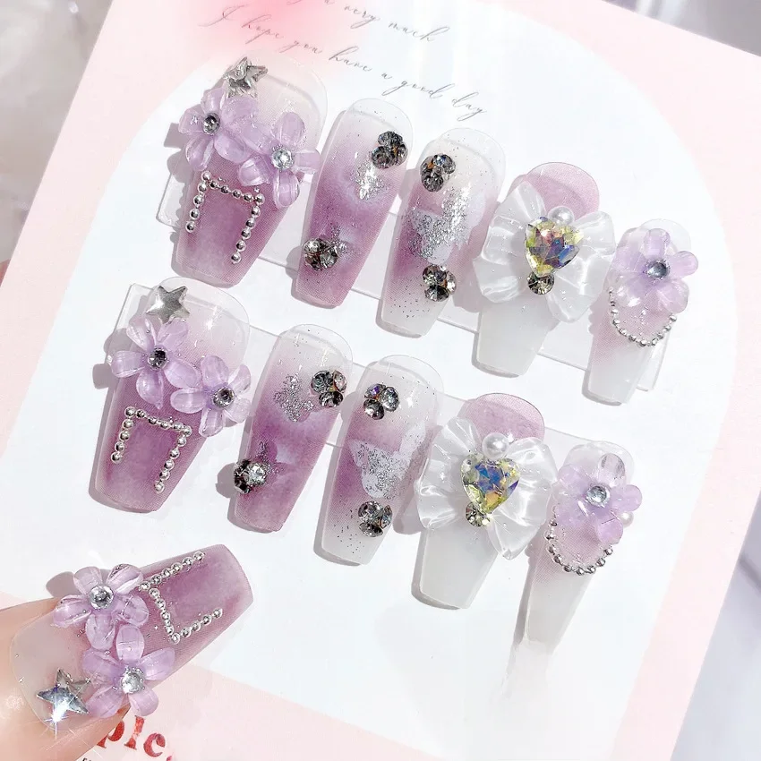 Parfumé Taro violet faux ongles 3D fleur diamant presse sur les pointes d'ongles coeur Zircon conception inoffensif lisse bricolage faux ongles